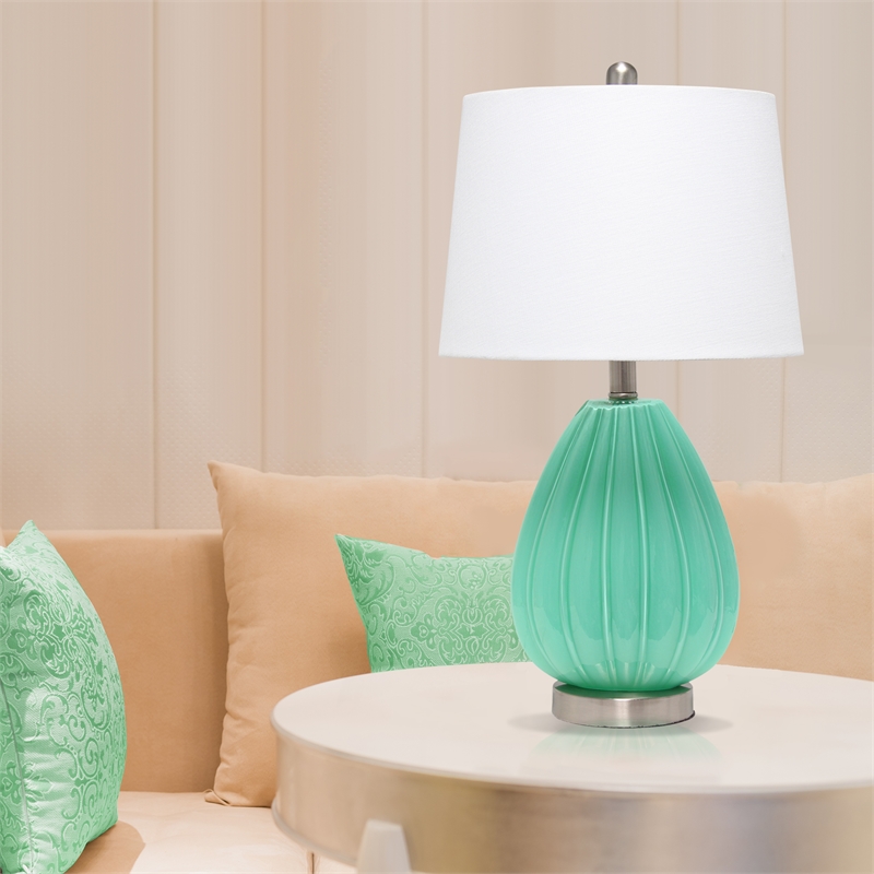Lalia Home Glass Pleated Table Lamp in Seafoam Blue with White Shade