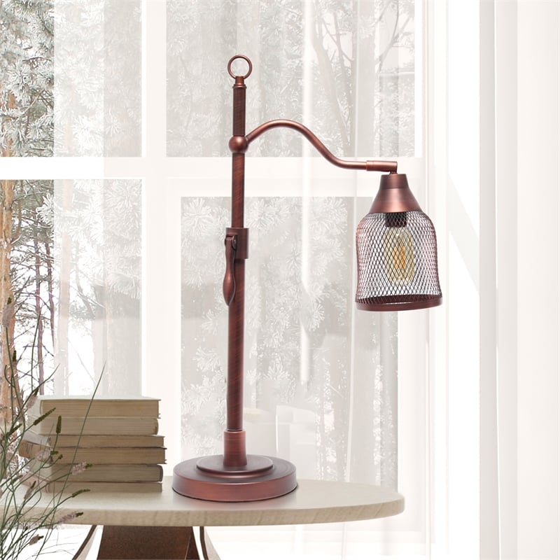 Lalia Home Metal Vintage Arched 1 Light Table Lamp in Red Bronze with Mesh Shade