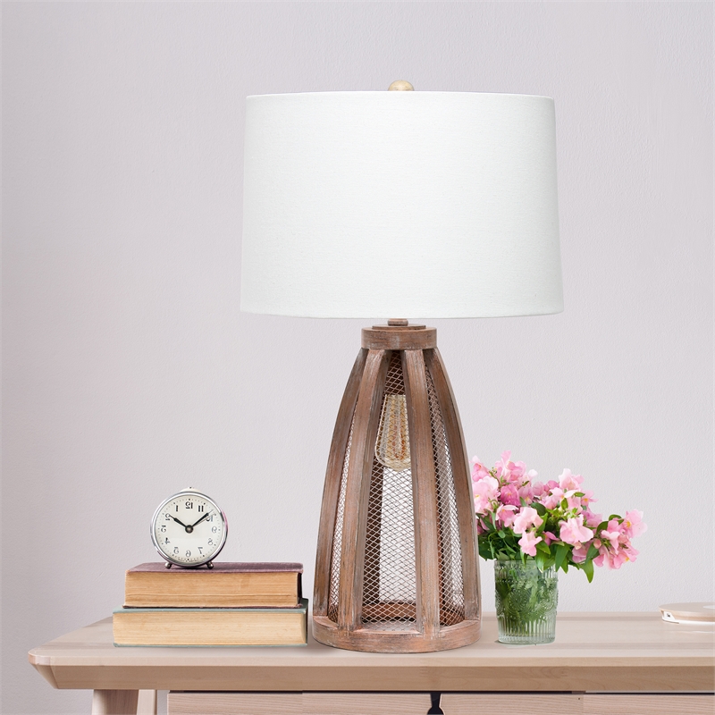 Lalia Home Wood Arch Farmhouse Table Lamp in Old Wood Brown with White Shade