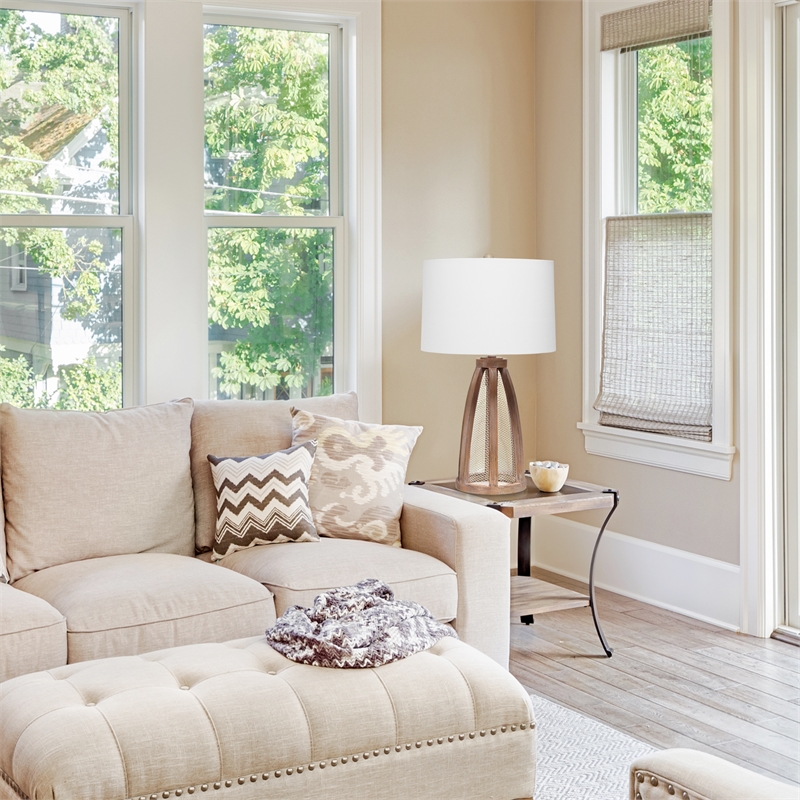 Lalia Home Wood Arch Farmhouse Table Lamp in Old Wood Brown with White Shade