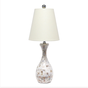 Lalia Home Resin Curved Mosaic Seashell Table Lamp in Silver with White Shade