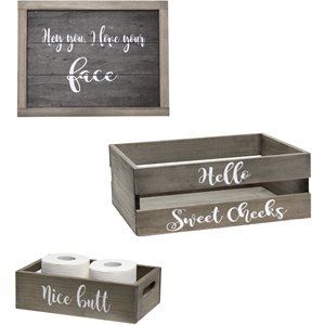 Elegant Designs Wood Large &quotCheeky&quot 3 Pc Bathroom Holder Set in Rustic Gray