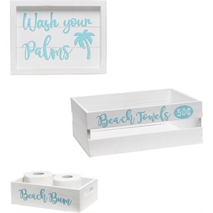 Elegant Designs Wood Large &quotCoastal&quot 3 Pc Bathroom Holder Set in White Wash