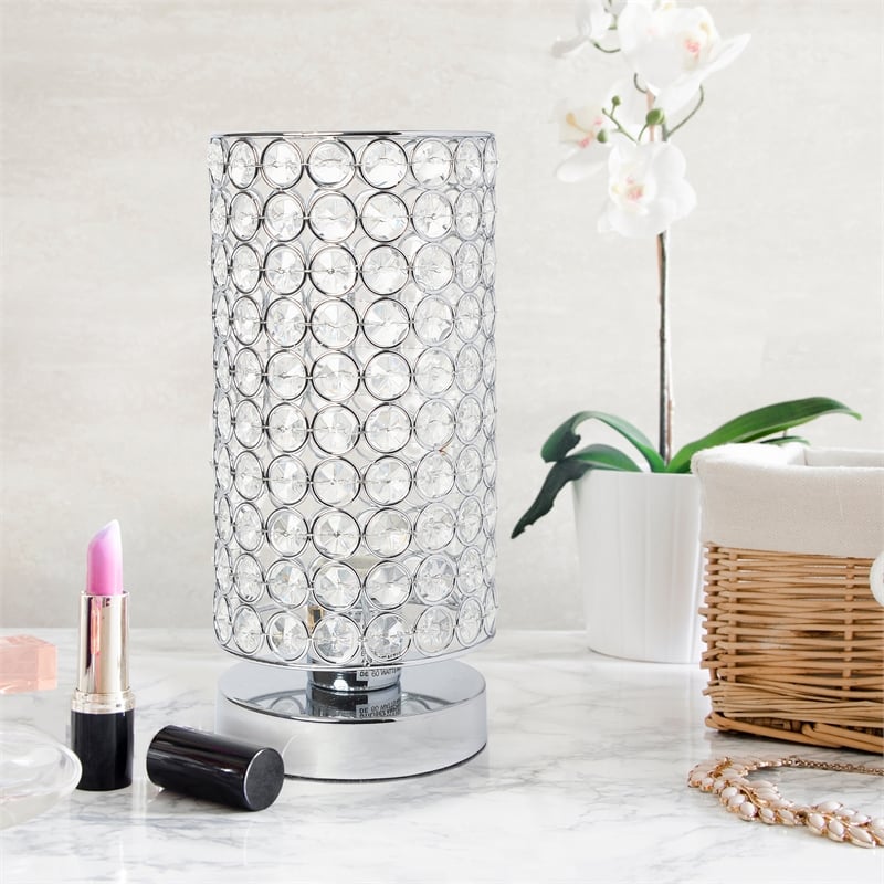 Elegant Designs Crystal Elipse Bedside Cylinderical Table Lamp in Chrome