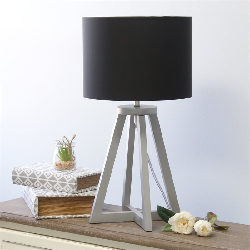Simple Designs Wood Interlocked Triangle Table Lamp in Gray with Black Shade