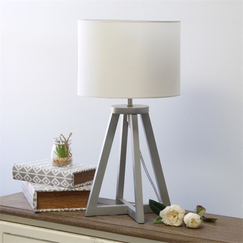 Simple Designs Wood Interlocked Triangle Table Lamp in Gray with White Shade