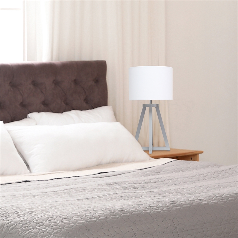 Simple Designs Wood Interlocked Triangle Table Lamp in Gray with White Shade