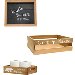 Elegant Designs Wood Small &quotCabin&quot 3 Pc Bathroom Holder Set in Natural