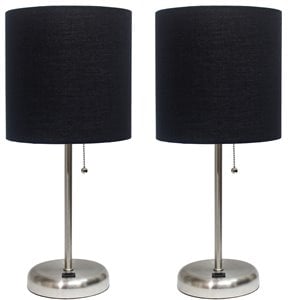 limelights silver metal stick lamp w/ usb port 2 pack with black shade
