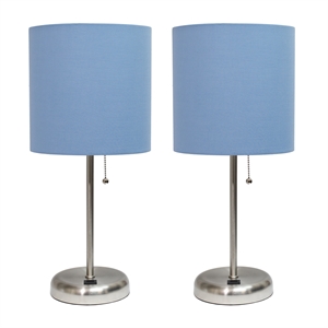 LimeLights Silver Metal Stick Lamp w/ USB Port 2 Pack with Blue Shade