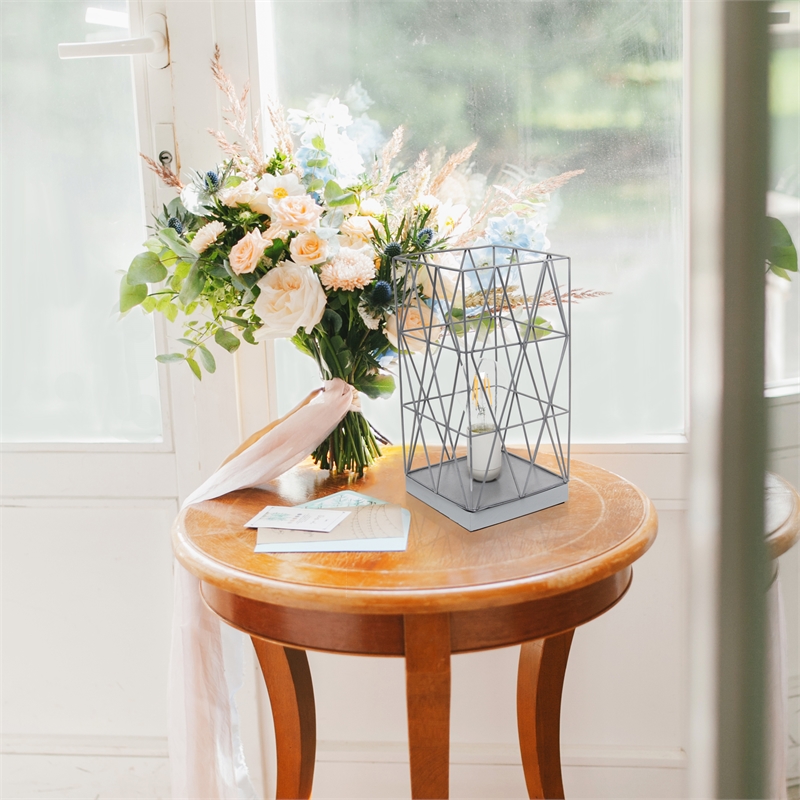 Simple Designs Metal Geometric Square Table Lamp in Gray