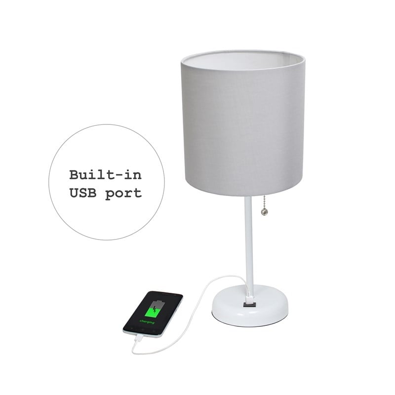 LimeLights Metal Stick Lamp w/ USB Port 2 Pack in White with Gray Shade