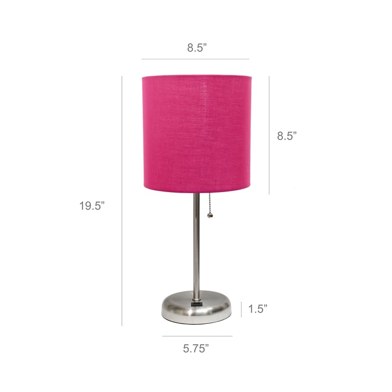 LimeLights Silver Metal Stick Lamp w/ USB Port 2 Pack with Pink Shade