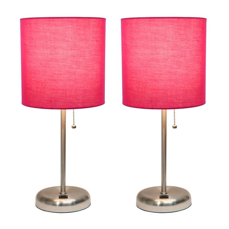 LimeLights Silver Metal Stick Lamp w/ USB Port 2 Pack with Pink Shade