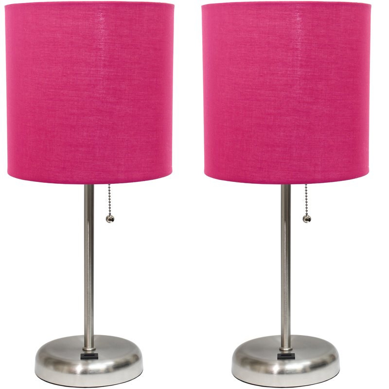 LimeLights Silver Metal Stick Lamp w/ USB Port 2 Pack with Pink Shade