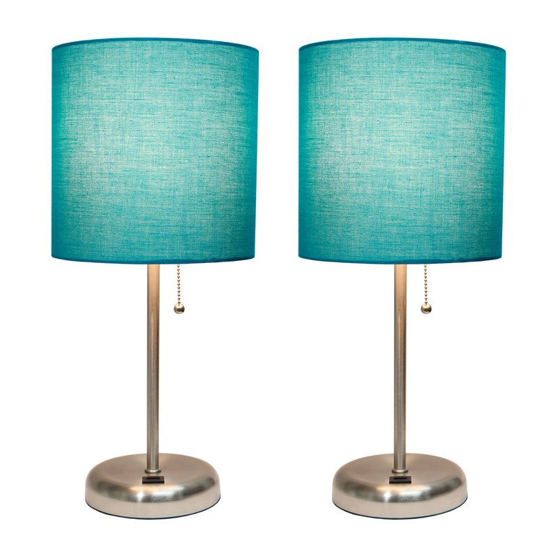 LimeLights Silver Metal Stick Lamp w/ USB Port 2 Pack with Teal Shade