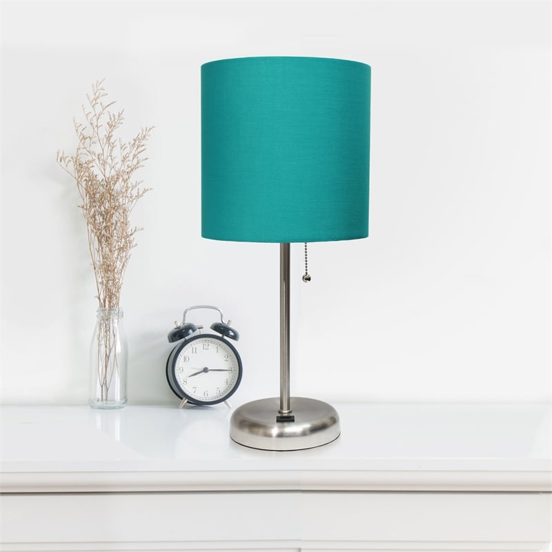 LimeLights Silver Metal Stick Lamp w/ USB Port 2 Pack with Teal Shade