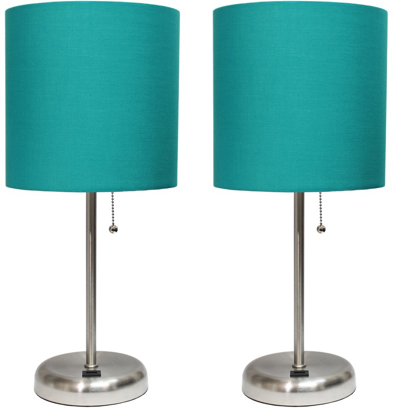 LimeLights Silver Metal Stick Lamp w/ USB Port 2 Pack with Teal Shade
