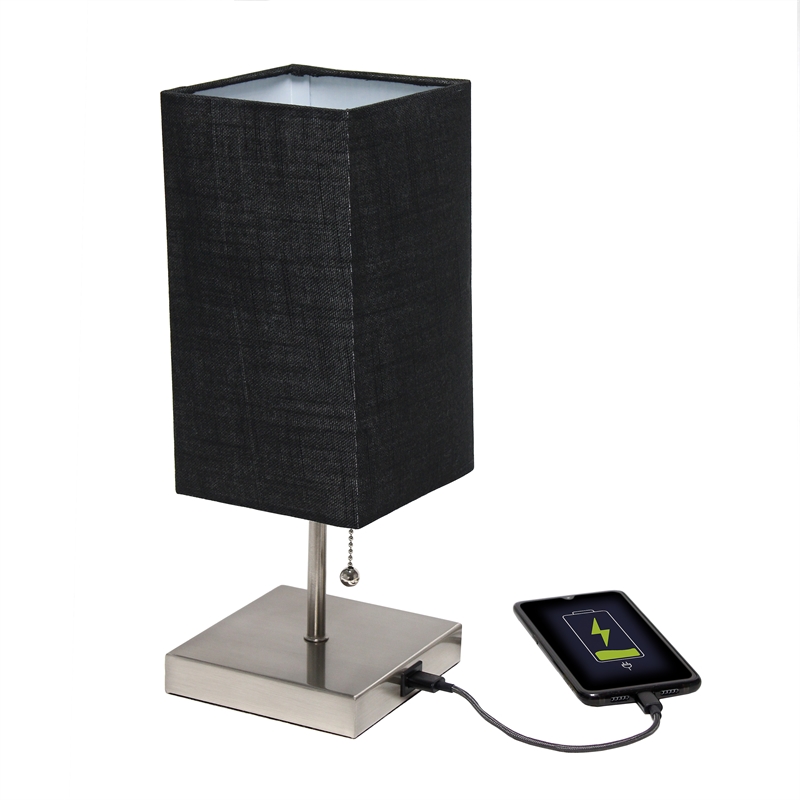 Simple Designs Metal Stick Lamp w/ USB Port 2 Pack in Black with Black Shade