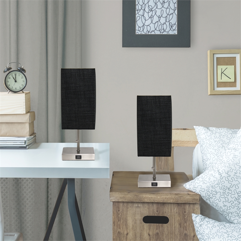 Simple Designs Metal Stick Lamp w/ USB Port 2 Pack in Black with Black Shade