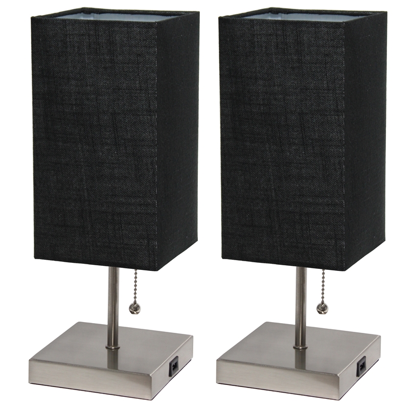 Simple Designs Metal Stick Lamp w/ USB Port 2 Pack in Black with Black Shade