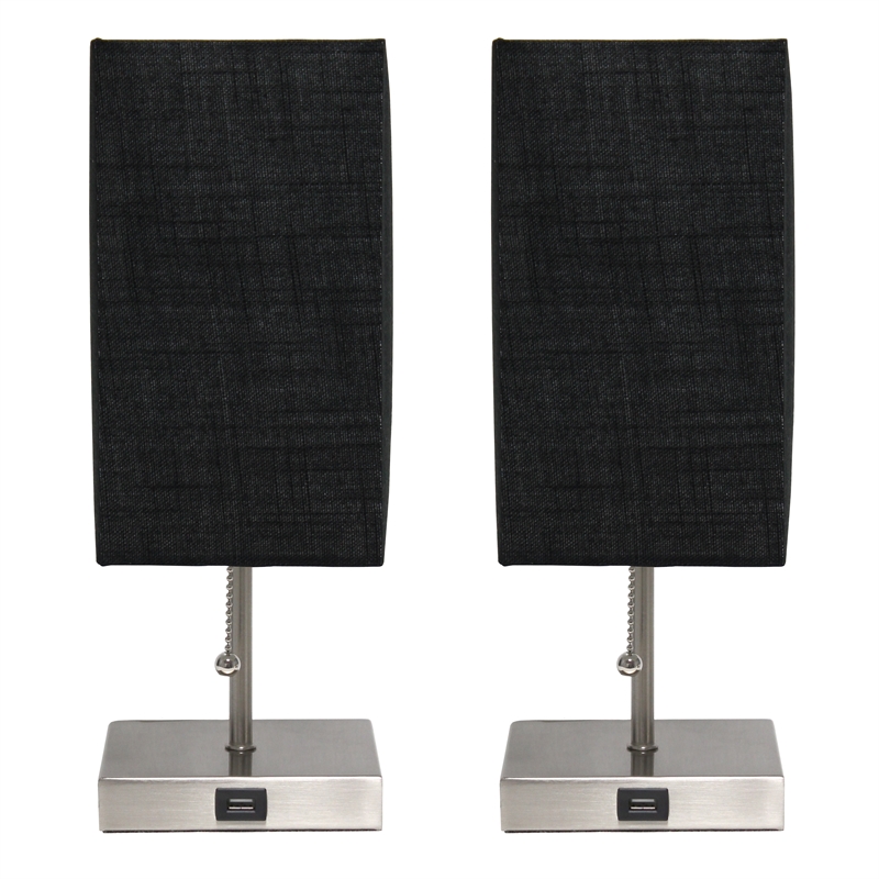 Simple Designs Metal Stick Lamp w/ USB Port 2 Pack in Black with Black Shade