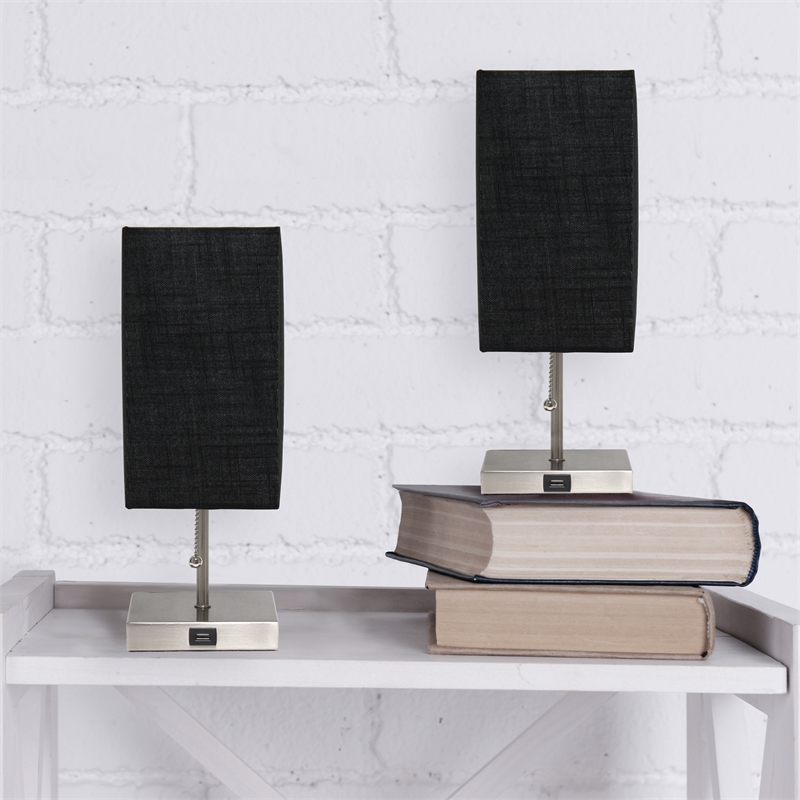 Simple Designs Metal Stick Lamp w/ USB Port 2 Pack in Black with Black Shade