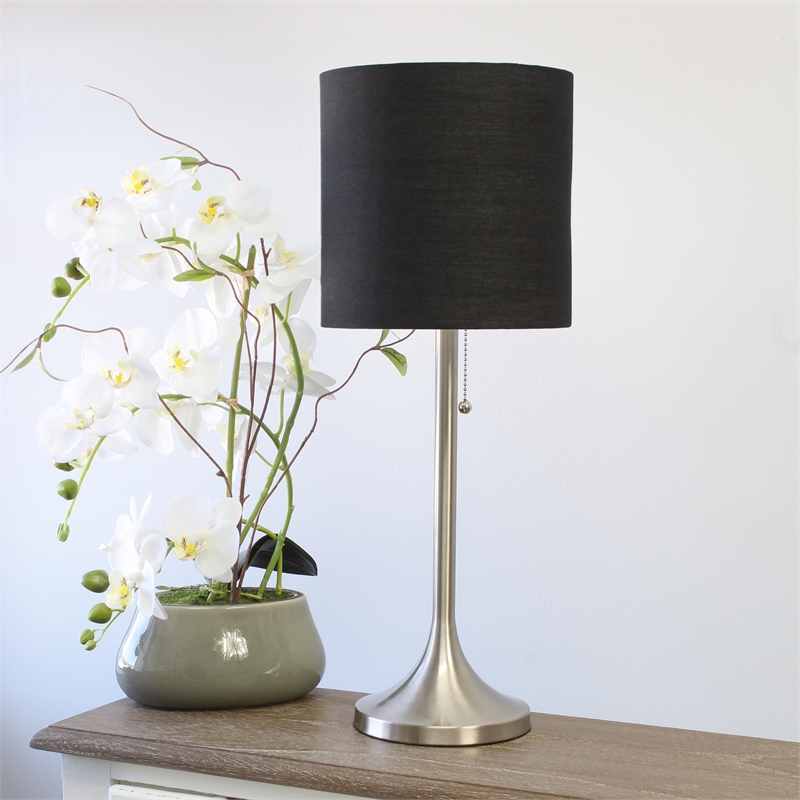 Simple Designs Metal Tapered Table Lamp in Brushed Nickel with Black Shade