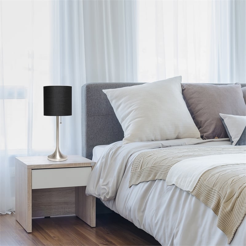 Simple Designs Metal Tapered Table Lamp in Brushed Nickel with Black Shade
