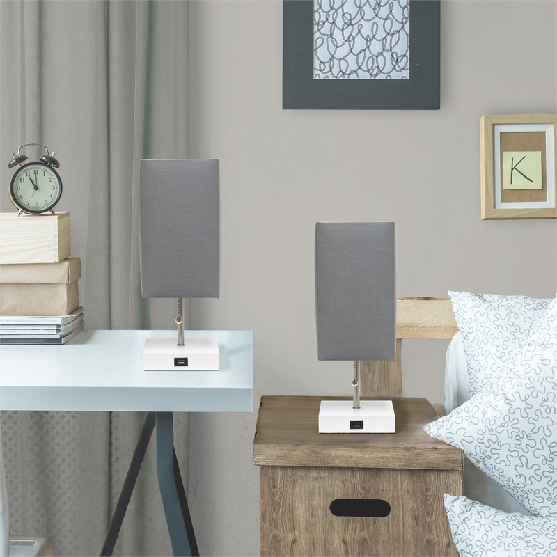 Simple Designs Metal Stick Lamp w/ USB Port 2 Pack in White with Gray Shade
