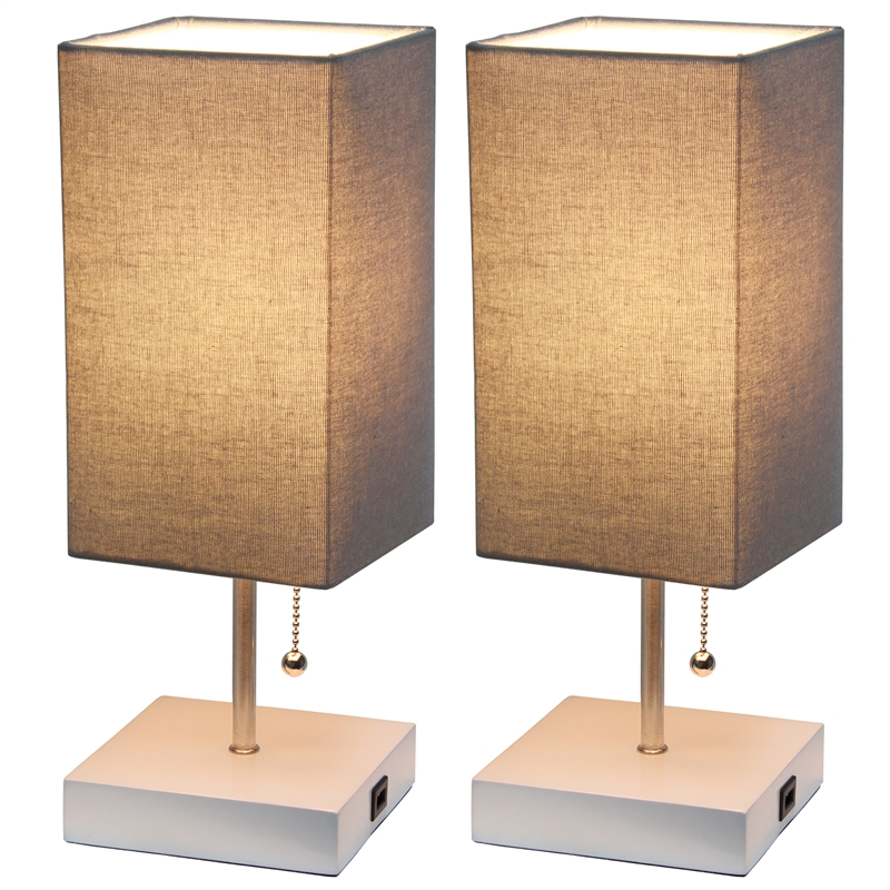 Simple Designs Metal Stick Lamp w/ USB Port 2 Pack in White with Gray Shade