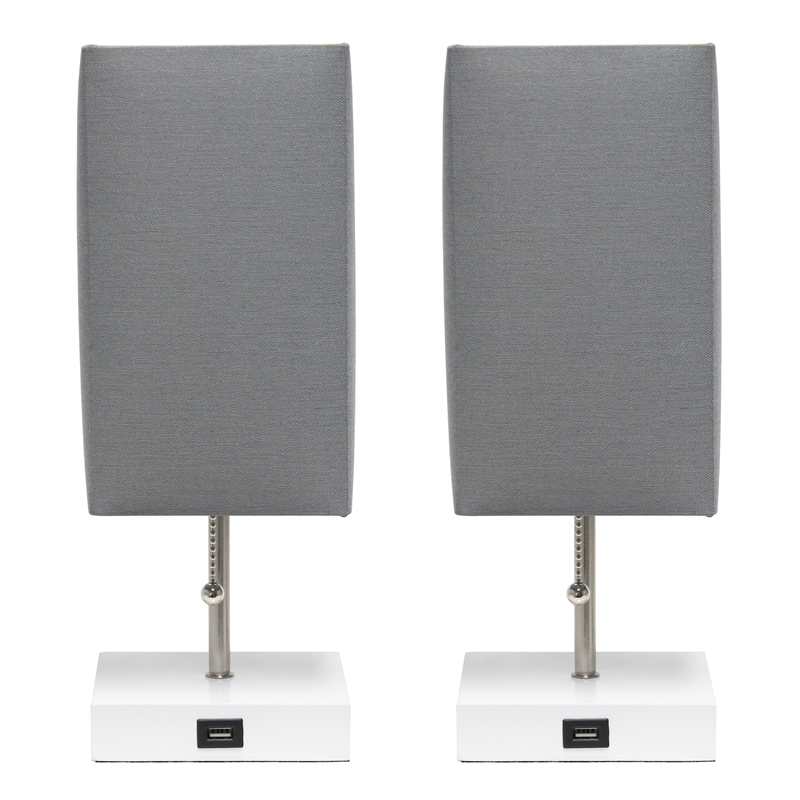 Simple Designs Metal Stick Lamp w/ USB Port 2 Pack in White with Gray Shade