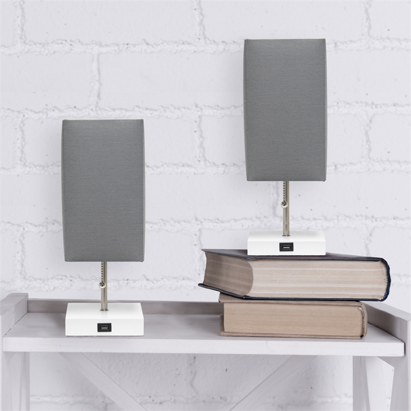 Simple Designs Metal Stick Lamp w/ USB Port 2 Pack in White with Gray Shade