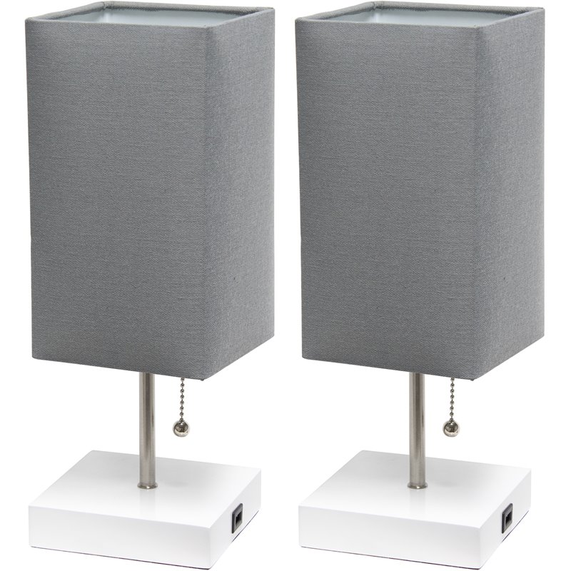 Simple Designs Metal Stick Lamp w/ USB Port 2 Pack in White with Gray Shade