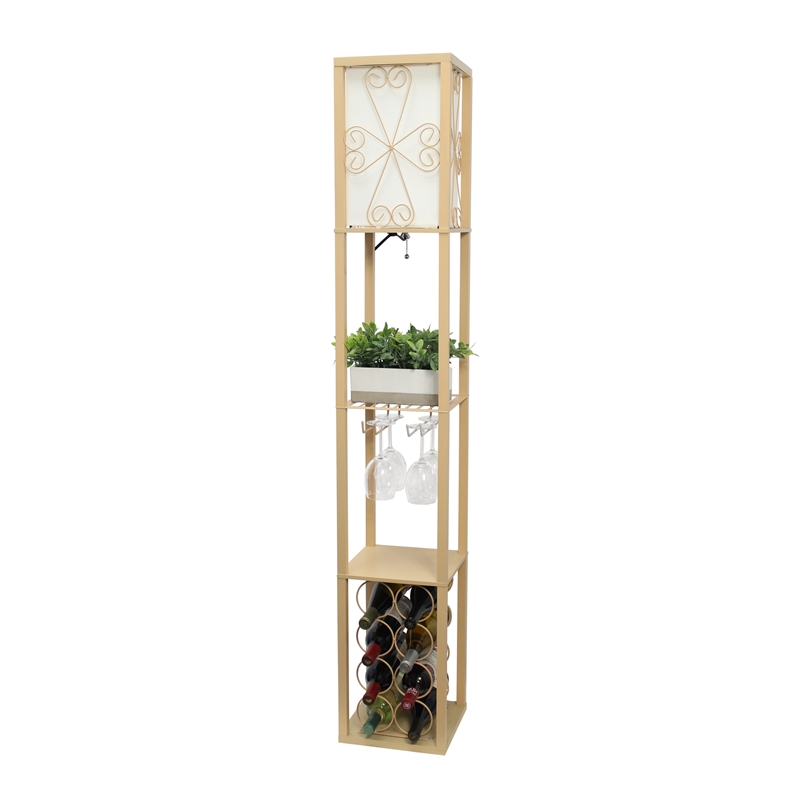 Simple Designs Wood Etagere Floor Lamp w/ Wine Rack in Tan with Cream Shade