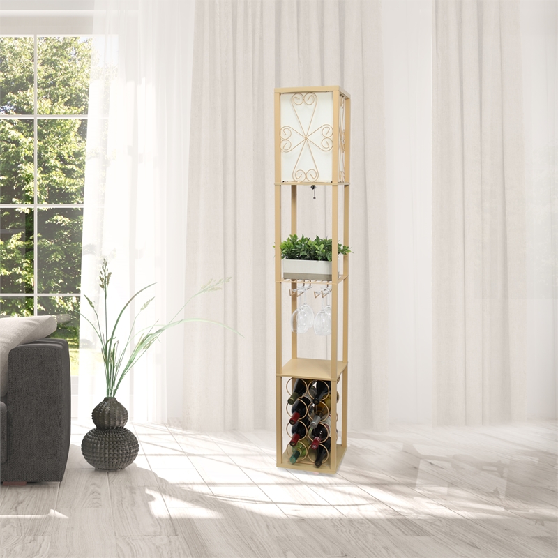 Simple Designs Wood Etagere Floor Lamp w/ Wine Rack in Tan with Cream Shade