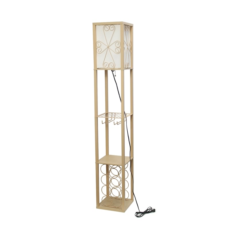 Simple Designs Wood Etagere Floor Lamp w/ Wine Rack in Tan with Cream Shade