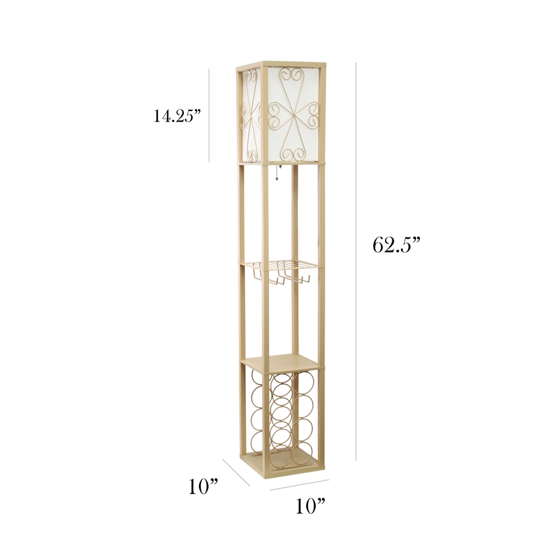 Simple Designs Wood Etagere Floor Lamp w/ Wine Rack in Tan with Cream Shade