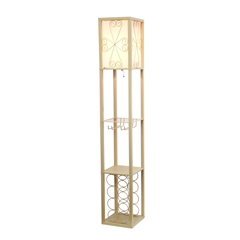 Simple Designs Wood Etagere Floor Lamp w/ Wine Rack in Tan with Cream Shade