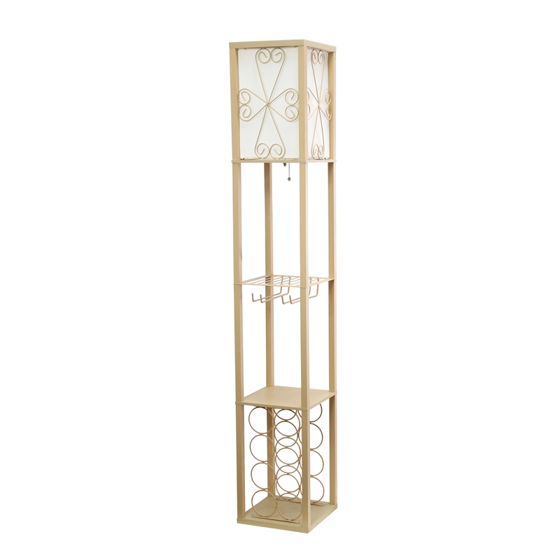 Simple Designs Wood Etagere Floor Lamp w/ Wine Rack in Tan with Cream Shade