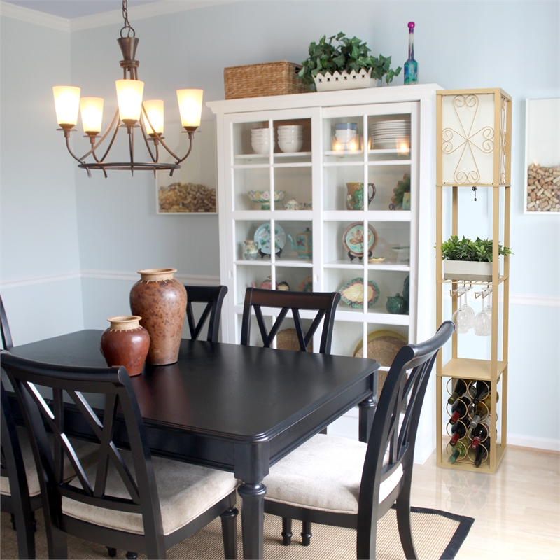 Simple Designs Wood Etagere Floor Lamp w/ Wine Rack in Tan with Cream Shade