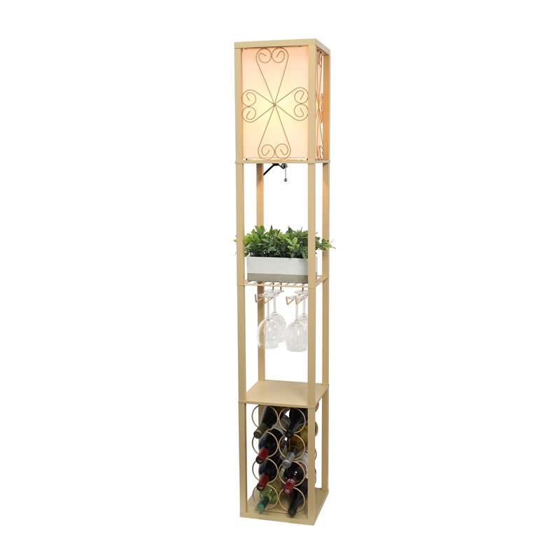 Simple Designs Wood Etagere Floor Lamp w/ Wine Rack in Tan with Cream Shade