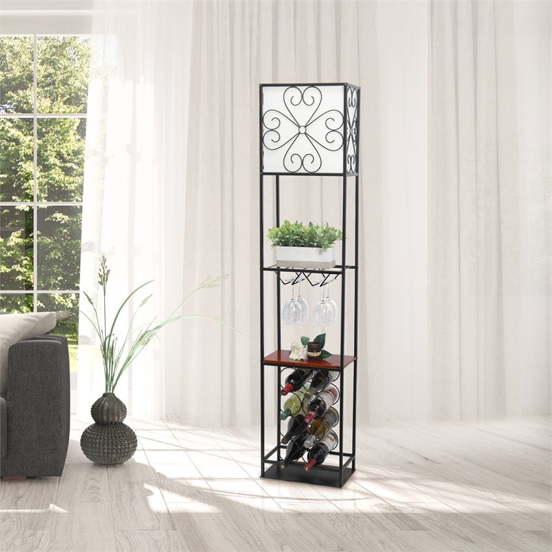 Elegant Designs Metal Etagere Floor Lamp w/ Wine Rack in Black with Cream Shade