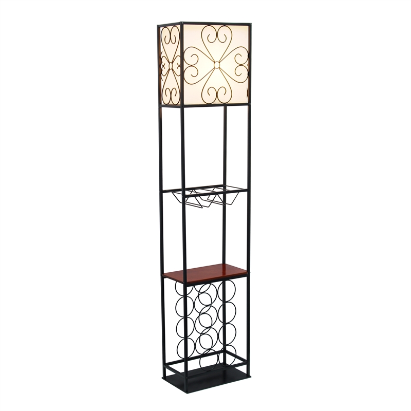 Elegant Designs Metal Etagere Floor Lamp w/ Wine Rack in Black with Cream Shade