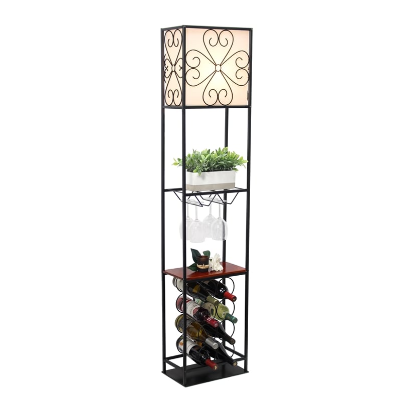 Elegant Designs Metal Etagere Floor Lamp w/ Wine Rack in Black with Cream Shade