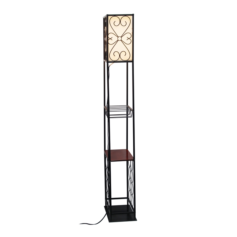 Elegant Designs Metal Etagere Floor Lamp w/ Wine Rack in Black with Cream Shade