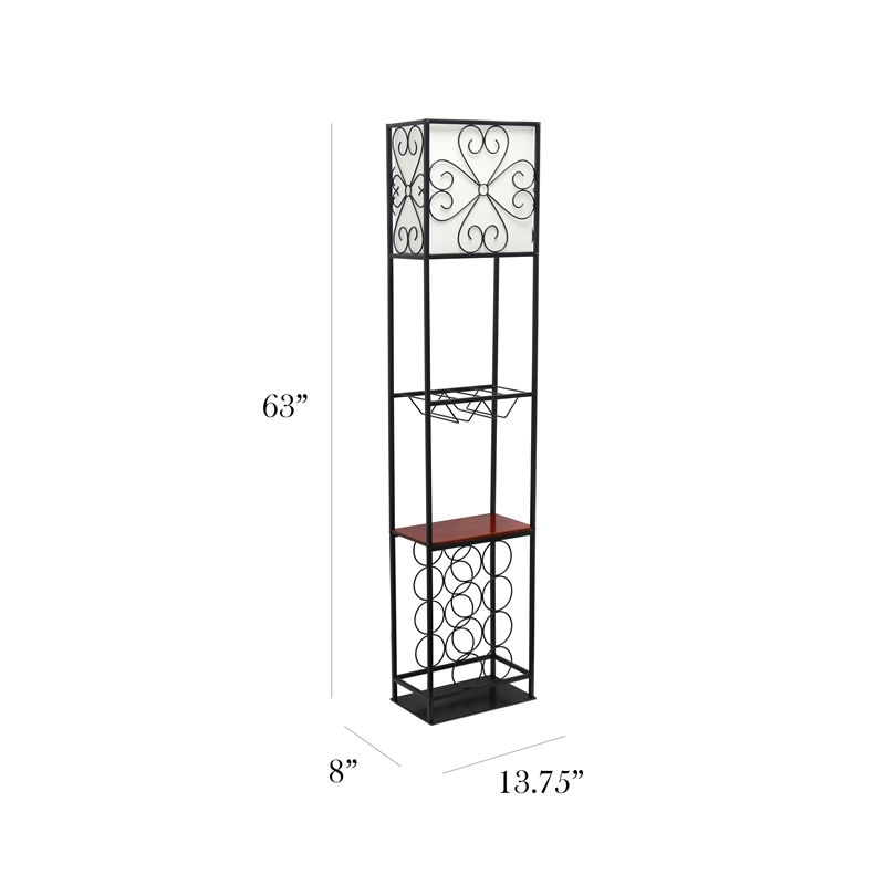 Elegant Designs Metal Etagere Floor Lamp w/ Wine Rack in Black with Cream Shade