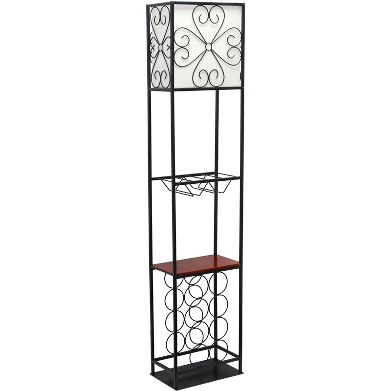 Elegant Designs Metal Etagere Floor Lamp w/ Wine Rack in Black with Cream Shade