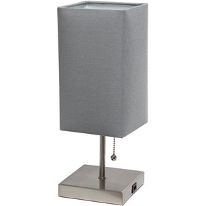 simple designs metal petite stick lamp w/ usb port in nickel with gray shade