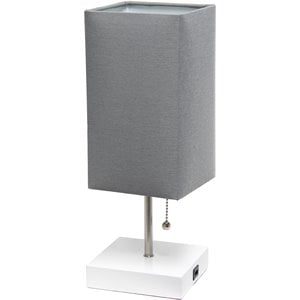 simple designs metal petite stick lamp w/ usb port in white with gray shade